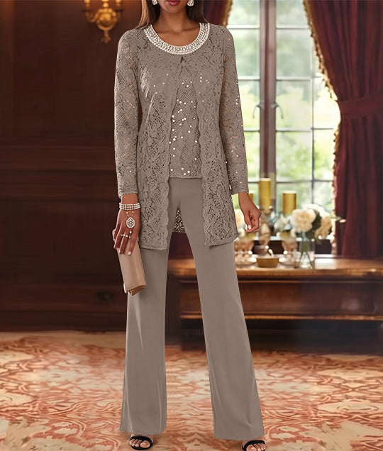 3 Pieces Chiffon Jewel Neck Mother of the Bride Pantsuits with Jacket Lace Ankle-Length Half Sleeves