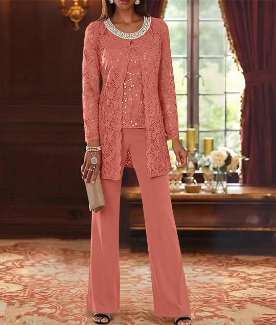3 Pieces Chiffon Jewel Neck Mother of the Bride Pantsuits with Jacket Lace Ankle-Length Half Sleeves
