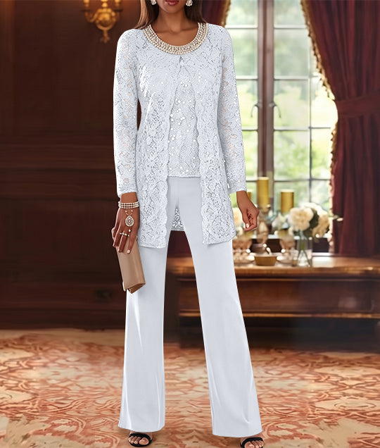 3 Pieces Chiffon Jewel Neck Mother of the Bride Pantsuits with Jacket Lace Ankle-Length Half Sleeves