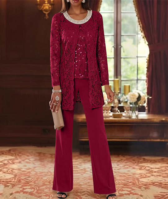 3 Pieces Chiffon Jewel Neck Mother of the Bride Pantsuits with Jacket Lace Ankle-Length Half Sleeves