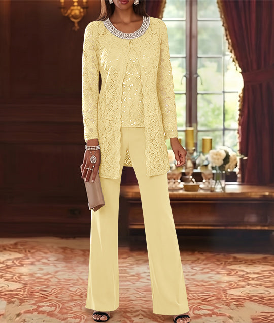 3 Pieces Chiffon Jewel Neck Mother of the Bride Pantsuits with Jacket Lace Ankle-Length Half Sleeves
