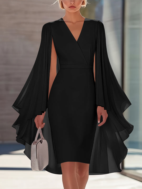 Sheath/Column V-Neck Chiffon Mother of the Bride Dresses Knee-Length Cape Sleeves Cocktail Dress