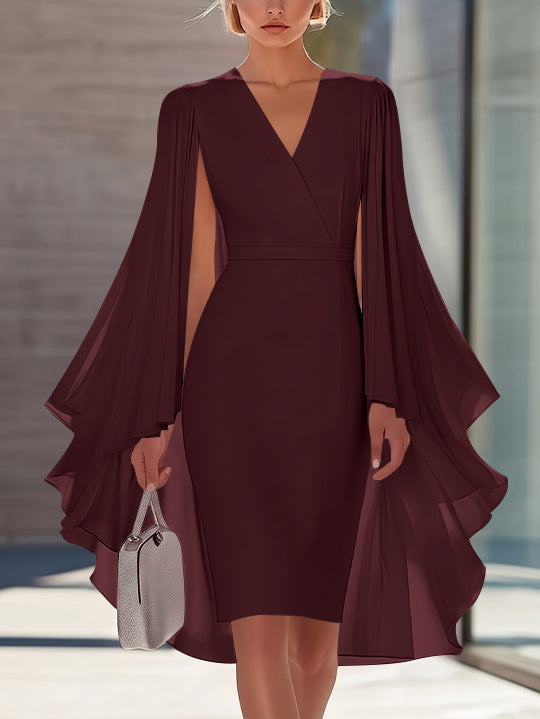 Sheath/Column V-Neck Chiffon Mother of the Bride Dresses Knee-Length Cape Sleeves Cocktail Dress