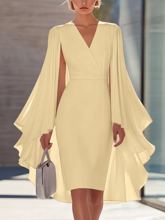 Sheath/Column V-Neck Chiffon Mother of the Bride Dresses Knee-Length Cape Sleeves Cocktail Dress