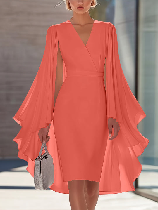Sheath/Column V-Neck Chiffon Mother of the Bride Dresses Knee-Length Cape Sleeves Cocktail Dress