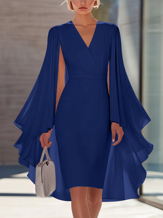 Sheath/Column V-Neck Chiffon Mother of the Bride Dresses Knee-Length Cape Sleeves Cocktail Dress