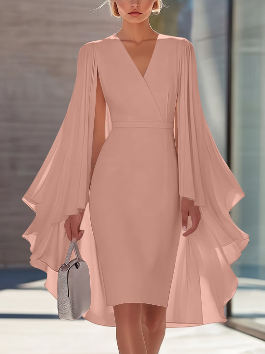 Sheath/Column V-Neck Chiffon Mother of the Bride Dresses Knee-Length Cape Sleeves Cocktail Dress