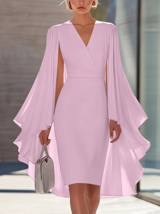 Sheath/Column V-Neck Chiffon Mother of the Bride Dresses Knee-Length Cape Sleeves Cocktail Dress