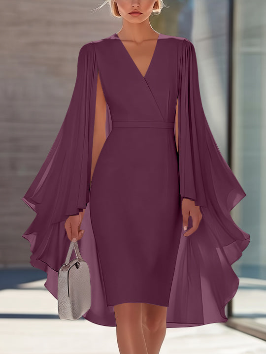 Sheath/Column V-Neck Chiffon Mother of the Bride Dresses Knee-Length Cape Sleeves Cocktail Dress