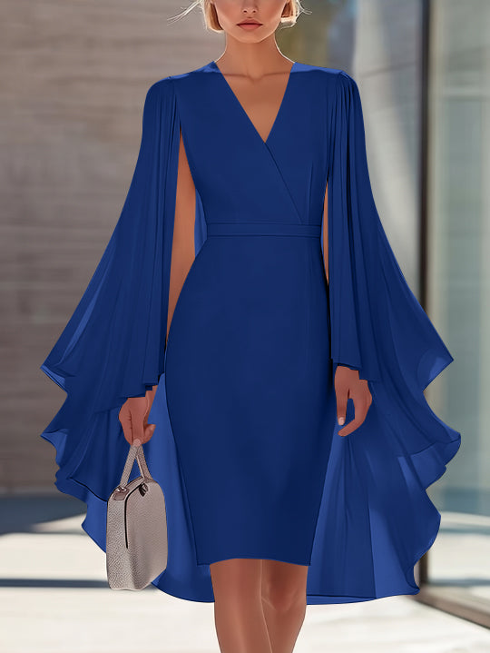 Sheath/Column V-Neck Chiffon Mother of the Bride Dresses Knee-Length Cape Sleeves Cocktail Dress