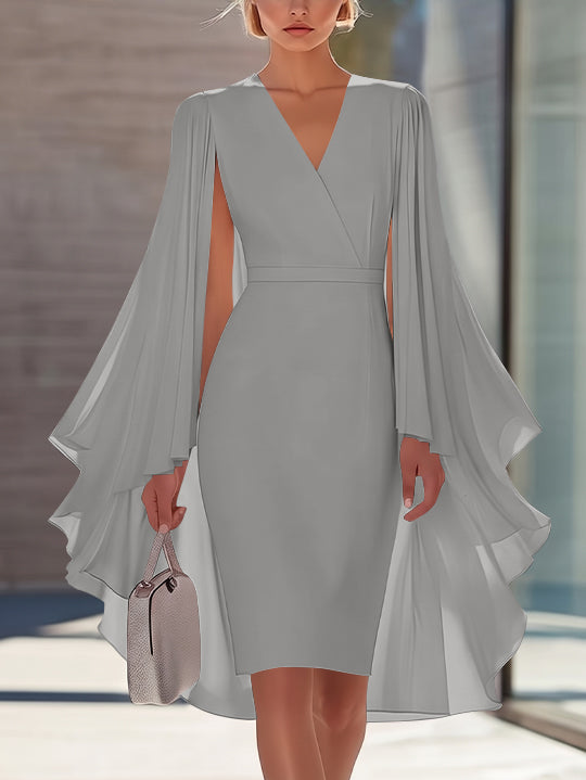 Sheath/Column V-Neck Chiffon Mother of the Bride Dresses Knee-Length Cape Sleeves Cocktail Dress