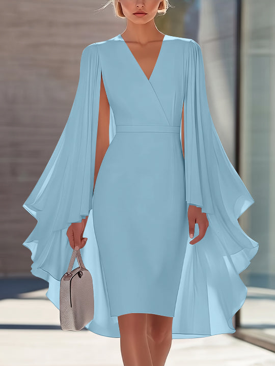 Sheath/Column V-Neck Chiffon Mother of the Bride Dresses Knee-Length Cape Sleeves Cocktail Dress