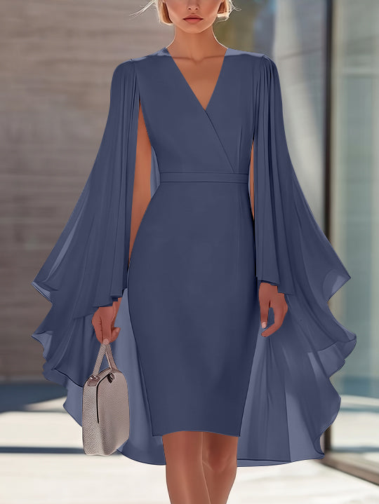 Sheath/Column V-Neck Chiffon Mother of the Bride Dresses Knee-Length Cape Sleeves Cocktail Dress
