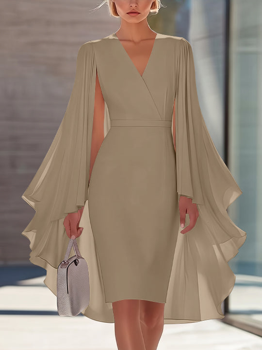 Sheath/Column V-Neck Chiffon Mother of the Bride Dresses Knee-Length Cape Sleeves Cocktail Dress