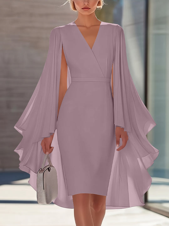 Sheath/Column V-Neck Chiffon Mother of the Bride Dresses Knee-Length Cape Sleeves Cocktail Dress