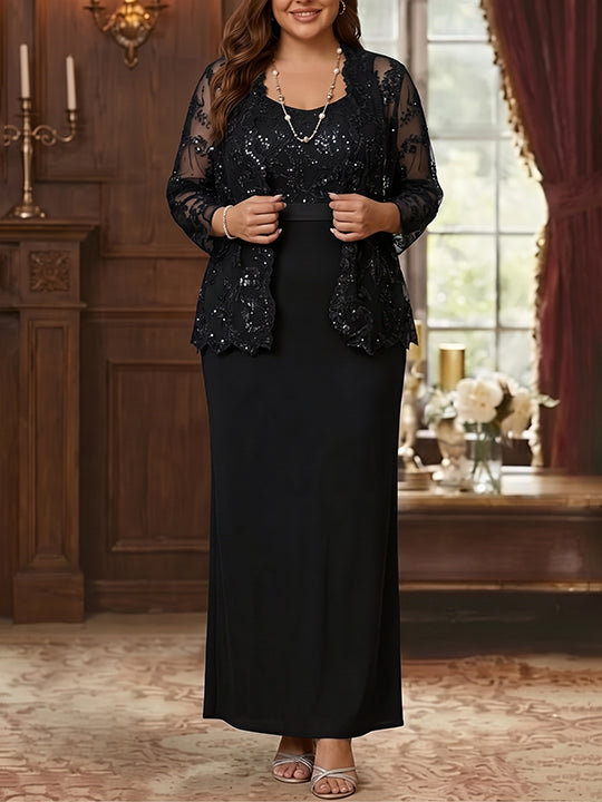 Sheath/Column Scoop Chiffon Plus Size Mother of the Bride Dresses with Jacket Lace Ankle-Length Long Sleeves
