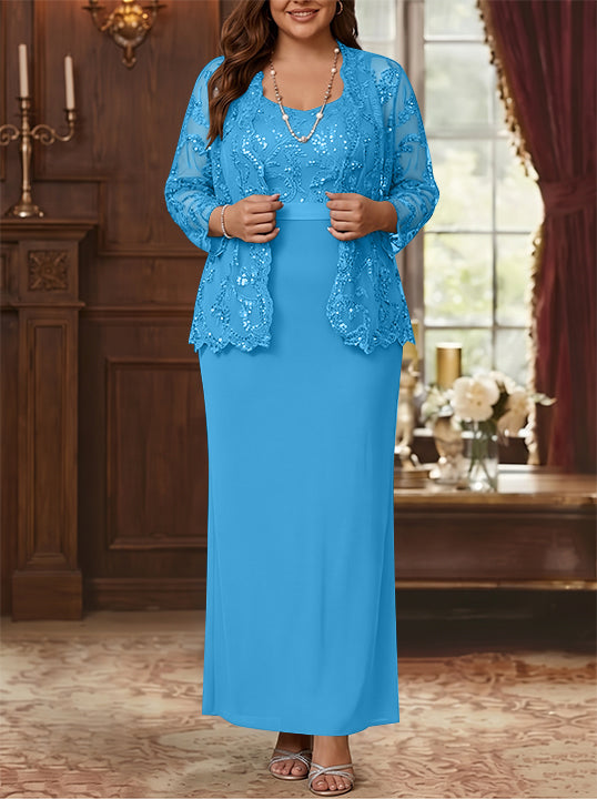 Sheath/Column Scoop Chiffon Plus Size Mother of the Bride Dresses with Jacket Lace Ankle-Length Long Sleeves