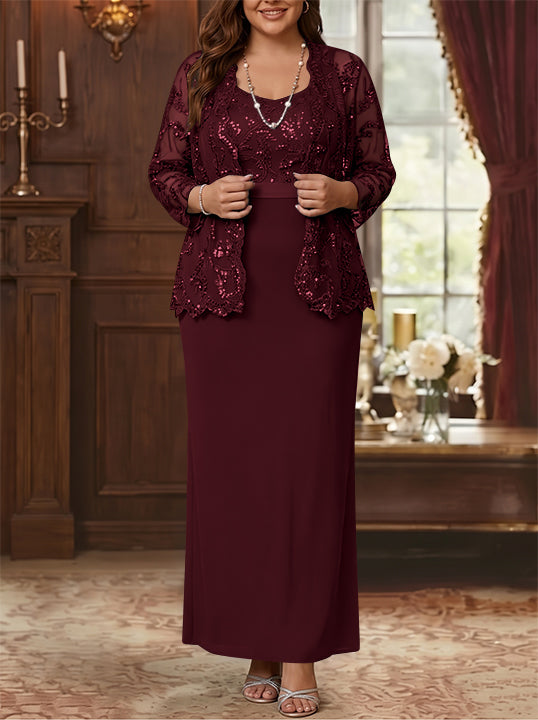 Sheath/Column Scoop Chiffon Plus Size Mother of the Bride Dresses with Jacket Lace Ankle-Length Long Sleeves