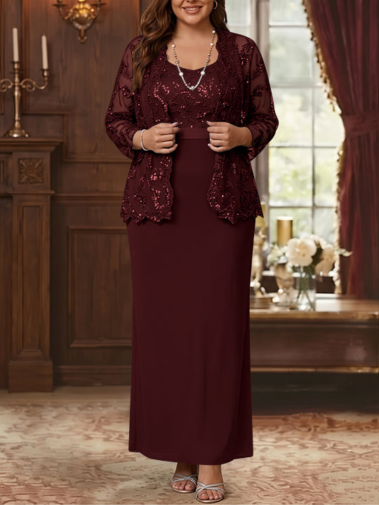 Sheath/Column Scoop Chiffon Plus Size Mother of the Bride Dresses with Jacket Lace Ankle-Length Long Sleeves
