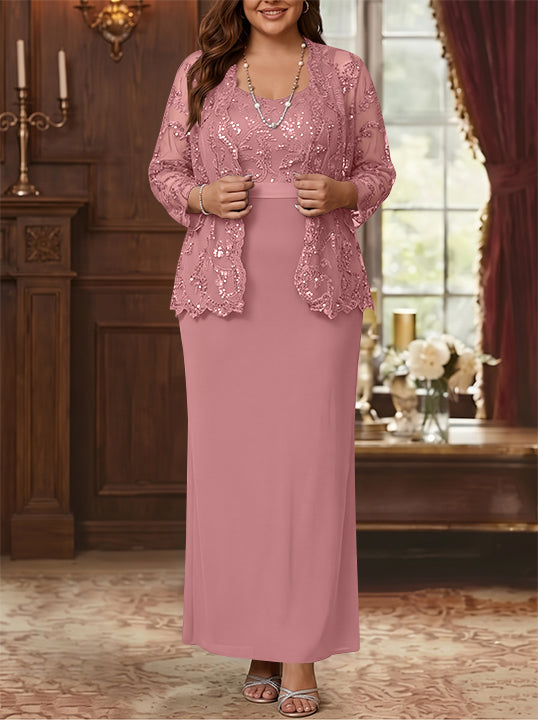 Sheath/Column Scoop Chiffon Plus Size Mother of the Bride Dresses with Jacket Lace Ankle-Length Long Sleeves