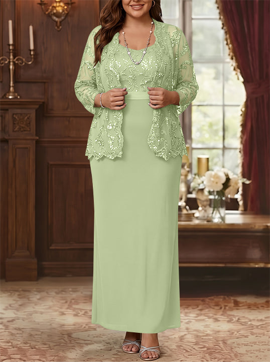 Sheath/Column Scoop Chiffon Plus Size Mother of the Bride Dresses with Jacket Lace Ankle-Length Long Sleeves