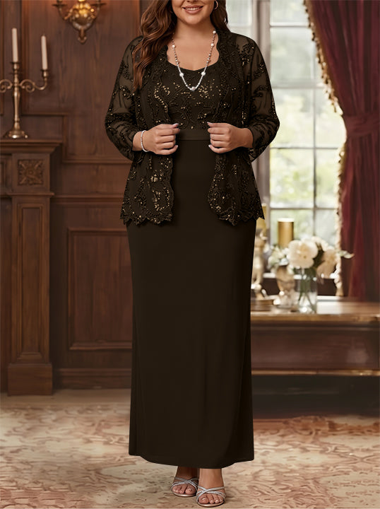 Sheath/Column Scoop Chiffon Plus Size Mother of the Bride Dresses with Jacket Lace Ankle-Length Long Sleeves