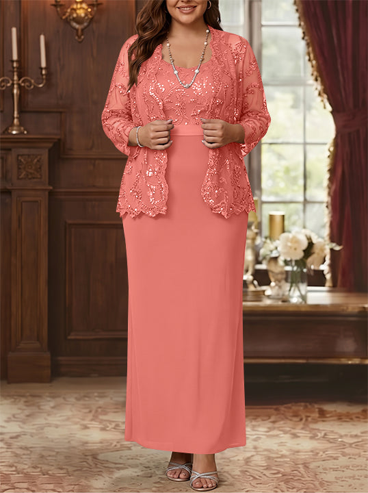 Sheath/Column Scoop Chiffon Plus Size Mother of the Bride Dresses with Jacket Lace Ankle-Length Long Sleeves