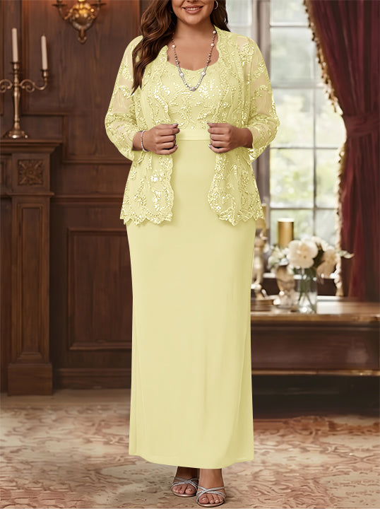 Sheath/Column Scoop Chiffon Plus Size Mother of the Bride Dresses with Jacket Lace Ankle-Length Long Sleeves