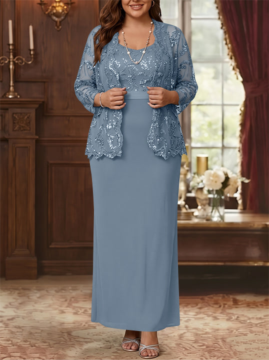 Sheath/Column Scoop Chiffon Plus Size Mother of the Bride Dresses with Jacket Lace Ankle-Length Long Sleeves