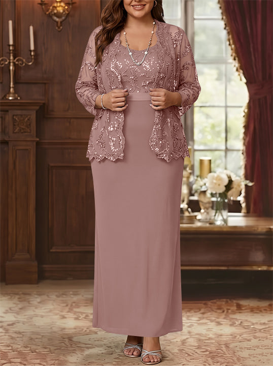 Sheath/Column Scoop Chiffon Plus Size Mother of the Bride Dresses with Jacket Lace Ankle-Length Long Sleeves
