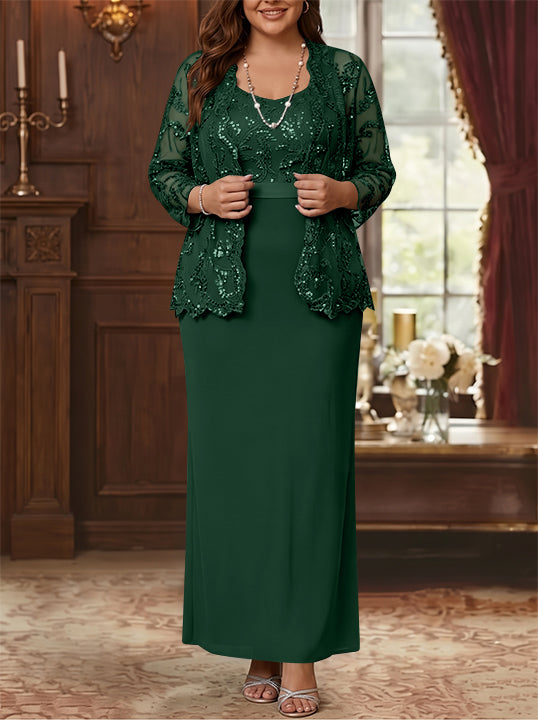 Sheath/Column Scoop Chiffon Plus Size Mother of the Bride Dresses with Jacket Lace Ankle-Length Long Sleeves