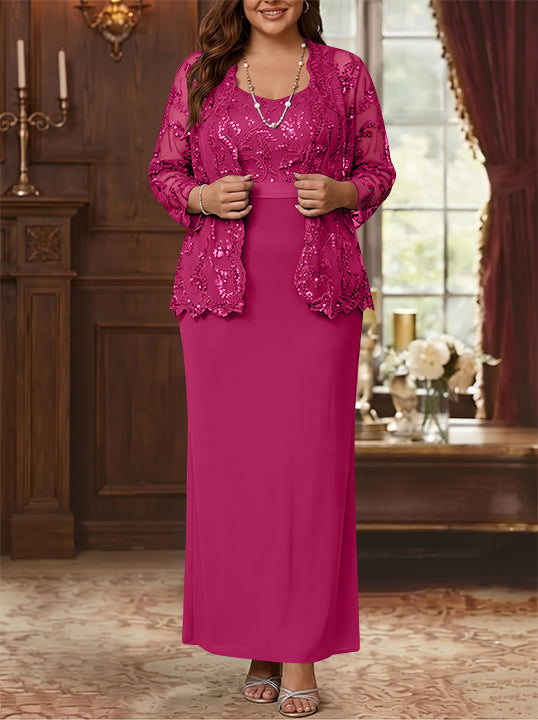Sheath/Column Scoop Chiffon Plus Size Mother of the Bride Dresses with Jacket Lace Ankle-Length Long Sleeves