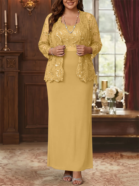 Sheath/Column Scoop Chiffon Plus Size Mother of the Bride Dresses with Jacket Lace Ankle-Length Long Sleeves