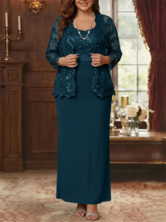 Sheath/Column Scoop Chiffon Plus Size Mother of the Bride Dresses with Jacket Lace Ankle-Length Long Sleeves