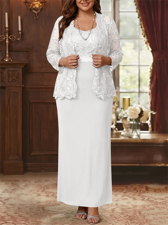 Sheath/Column Scoop Chiffon Plus Size Mother of the Bride Dresses with Jacket Lace Ankle-Length Long Sleeves