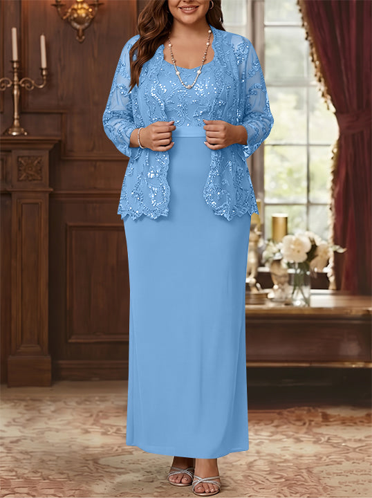 Sheath/Column Scoop Chiffon Plus Size Mother of the Bride Dresses with Jacket Lace Ankle-Length Long Sleeves