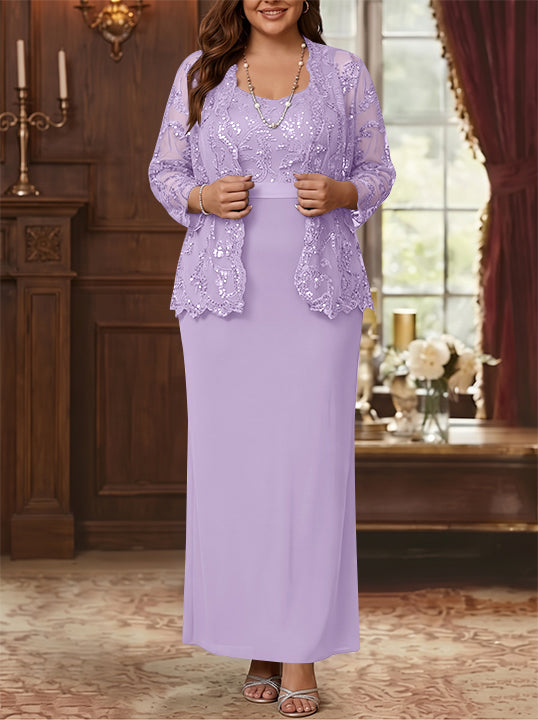 Sheath/Column Scoop Chiffon Plus Size Mother of the Bride Dresses with Jacket Lace Ankle-Length Long Sleeves