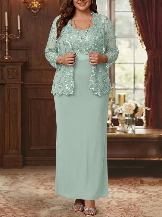 Sheath/Column Scoop Chiffon Plus Size Mother of the Bride Dresses with Jacket Lace Ankle-Length Long Sleeves
