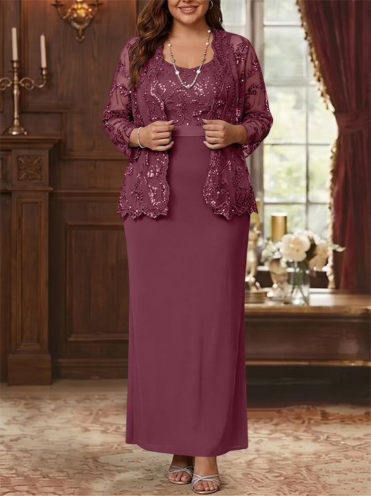 Sheath/Column Scoop Chiffon Plus Size Mother of the Bride Dresses with Jacket Lace Ankle-Length Long Sleeves