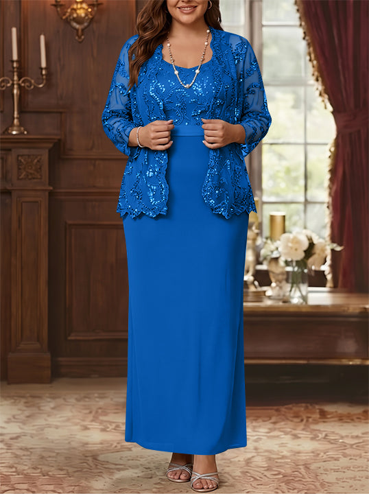 Sheath/Column Scoop Chiffon Plus Size Mother of the Bride Dresses with Jacket Lace Ankle-Length Long Sleeves
