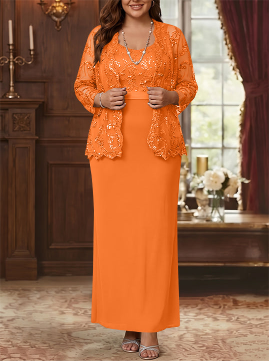 Sheath/Column Scoop Chiffon Plus Size Mother of the Bride Dresses with Jacket Lace Ankle-Length Long Sleeves