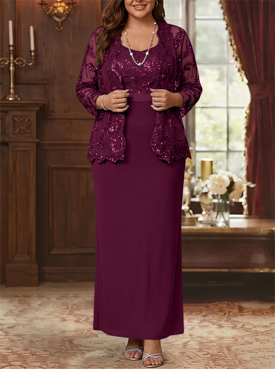Sheath/Column Scoop Chiffon Plus Size Mother of the Bride Dresses with Jacket Lace Ankle-Length Long Sleeves