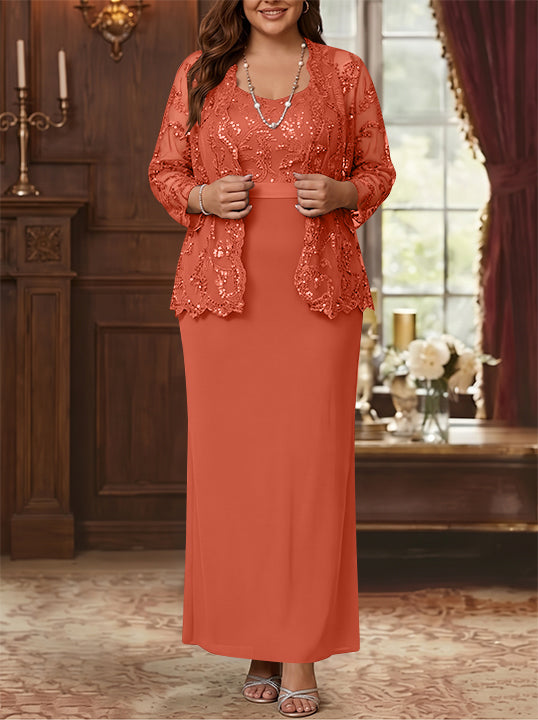 Sheath/Column Scoop Chiffon Plus Size Mother of the Bride Dresses with Jacket Lace Ankle-Length Long Sleeves
