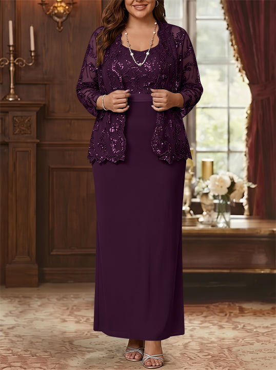 Sheath/Column Scoop Chiffon Plus Size Mother of the Bride Dresses with Jacket Lace Ankle-Length Long Sleeves