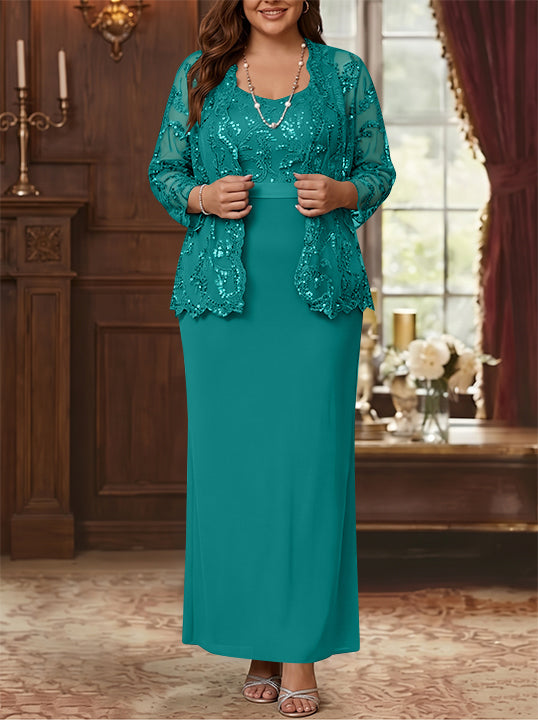 Sheath/Column Scoop Chiffon Plus Size Mother of the Bride Dresses with Jacket Lace Ankle-Length Long Sleeves