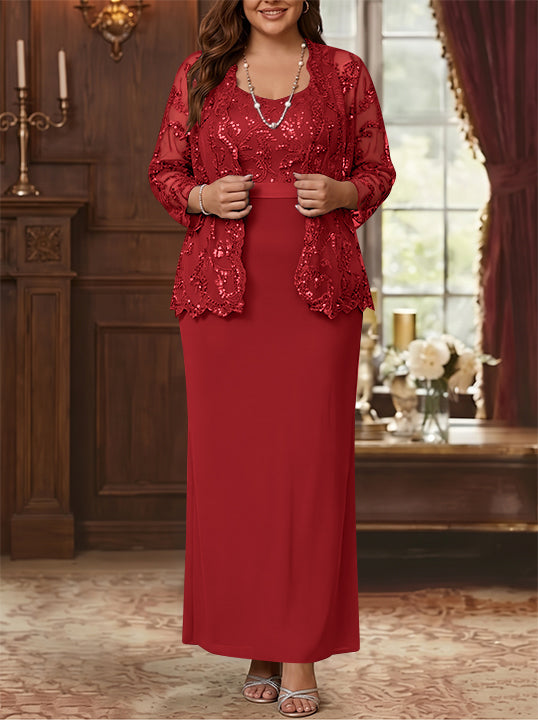 Sheath/Column Scoop Chiffon Plus Size Mother of the Bride Dresses with Jacket Lace Ankle-Length Long Sleeves