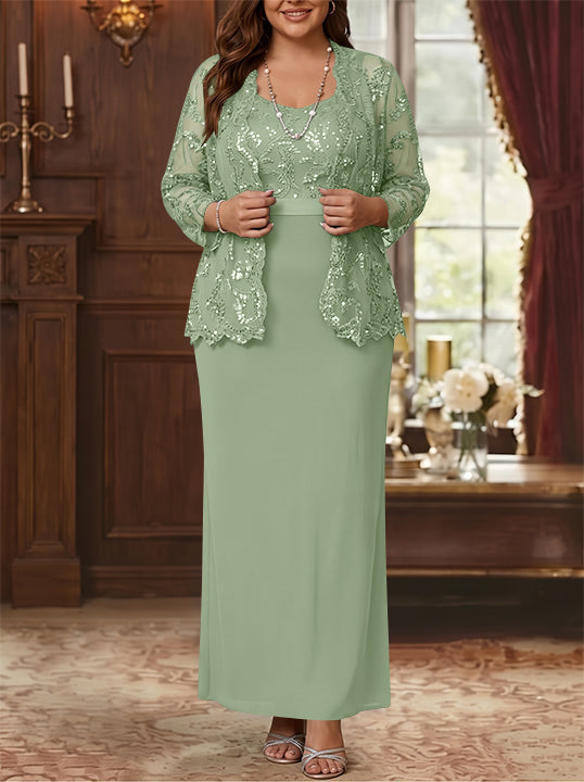 Sheath/Column Scoop Chiffon Plus Size Mother of the Bride Dresses with Jacket Lace Ankle-Length Long Sleeves