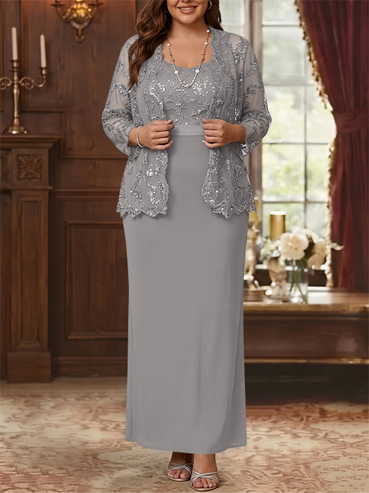 Sheath/Column Scoop Chiffon Plus Size Mother of the Bride Dresses with Jacket Lace Ankle-Length Long Sleeves