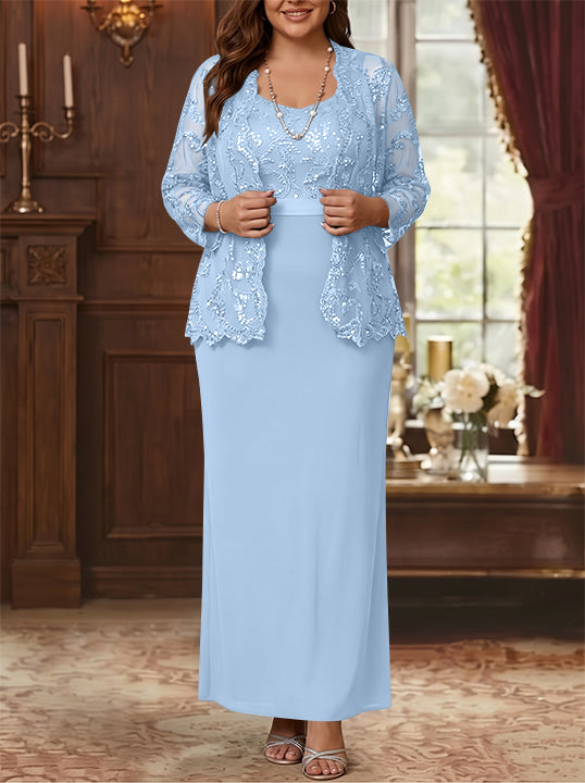 Sheath/Column Scoop Chiffon Plus Size Mother of the Bride Dresses with Jacket Lace Ankle-Length Long Sleeves
