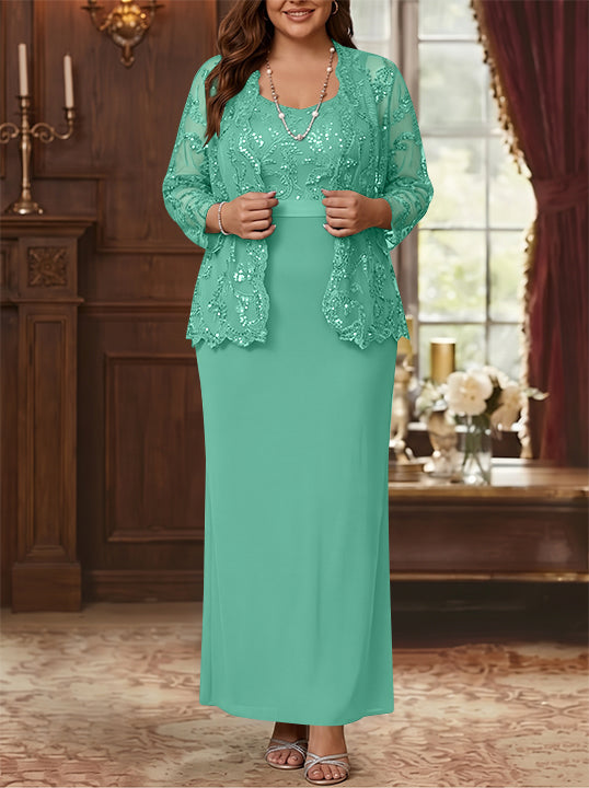 Sheath/Column Scoop Chiffon Plus Size Mother of the Bride Dresses with Jacket Lace Ankle-Length Long Sleeves